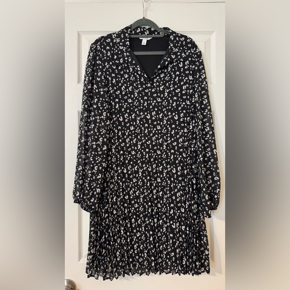 Nine West Pleated Collared Leopard Print Dress, Large